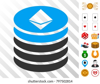 Ethereum Coin Stack icon with bonus gambling images. Vector illustration style is flat iconic symbols. Designed for casino ui.
