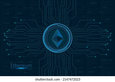 Ethereum coin symbol with lights and wireframe circuit. Modern neon color logo or icon for crypto coin exchange. Cryptocurrency Blockchain technology, digital innovation or trade exchange.