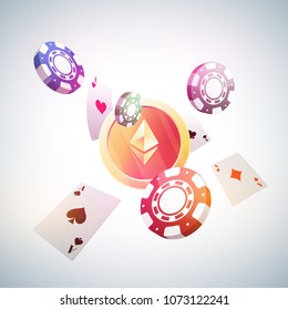 Ethereum coins, 3D chips, and ace cards on grey background. 