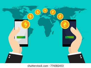 Ethereum coins exchange and transfer. Hand holds smart phone with send ethereum coins on worlds map background. Cryptocurrency technology concept illustration