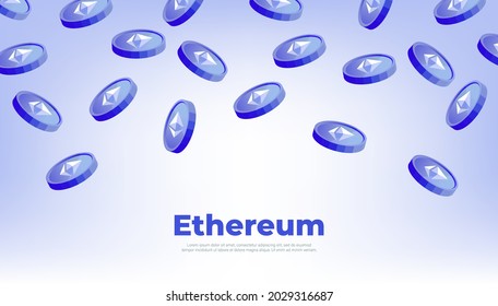 Ethereum coins falling from the sky. ETH cryptocurrency concept banner background.