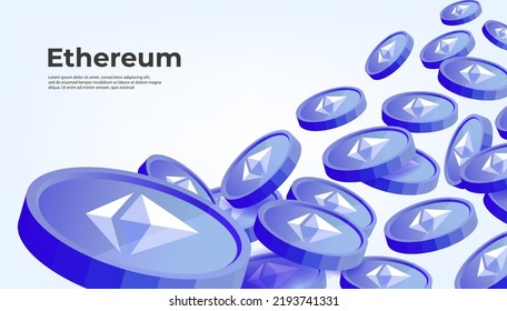 Ethereum coins falling from the sky. ETH cryptocurrency concept banner background.