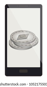 ethereum coins on a phone screen, crypto currensy in the phone, ethereum crypto currensy design.