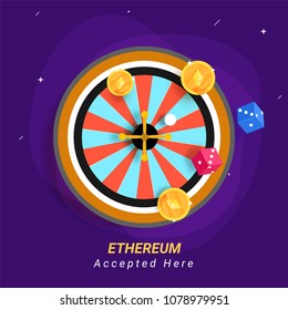 Ethereum coins, and roulette on purple background. Concept for cryptocurriencies are acceptable in casino.