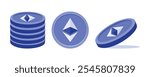 Ethereum coins in various perspectives on white background. Vector flat Ethereum money in innovative cryptocurrency blockchain concept. For digital decor, emblems, icons.