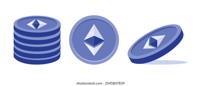 Monedas de Ethereum en varias perspectivas sobre fondo blanco. Vector de dinero plano de Ethereum en el innovador concepto de blockchain de criptomonedas. Para decoración digital, emblemas, iconos.