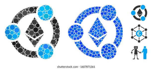 Ethereum collaboration mosaic of round dots in various sizes and shades, based on Ethereum collaboration icon. Vector dots are combined into blue mosaic.