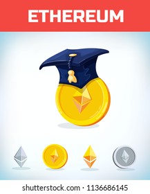 ethereum in College alumni hat. ethereum. Digital currency. Crypto currency. Money and finance symbol. Miner bit coin criptocurrency. Virtual money concept. Cartoon Vector illustration.