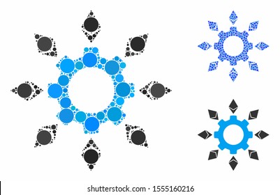 Ethereum configuration gear composition of filled circles in different sizes and color hues, based on Ethereum configuration gear icon. Vector filled circles are composed into blue composition.