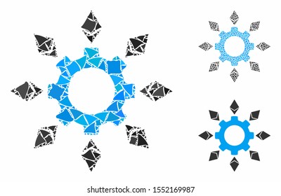 Ethereum configuration gear mosaic of rough elements in variable sizes and color tinges, based on Ethereum configuration gear icon. Vector rugged elements are grouped into collage.