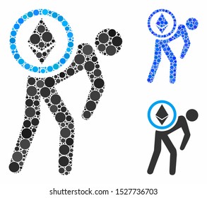 Ethereum courier man composition of small circles in various sizes and shades, based on Ethereum courier man icon. Vector small circles are composed into blue mosaic.