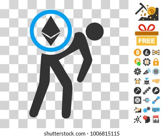 Ethereum Courier Man pictograph with bonus bitcoin mining and blockchain pictures. Vector illustration style is flat iconic symbols. Designed for cryptocurrency websites.