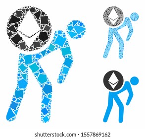 Ethereum courier person composition of humpy elements in various sizes and color tones, based on Ethereum courier person icon. Vector humpy parts are organized into mosaic.