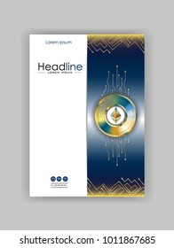 Ethereum cover template blockchain cryptocurrency golden coin with futuristic lines and HUD space background. Book cover, banner, report, flyer, web, page, magazine.Vector. 