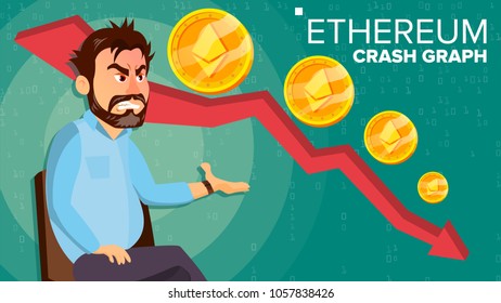 Ethereum Crash Graph Vector. Surprised  Investor. Negative Growth Exchange Trading. Collapse Of Crypto Currency. EthereumCrypto Currency Market Concept.  Annoyance, Panic. Flat Cartoon Illustration