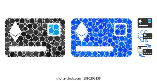 Ethereum credit card composition of round dots in variable sizes and color tinges, based on Ethereum credit card icon. Vector circle elements are grouped into blue composition.