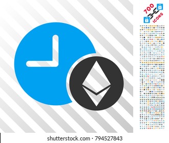 Ethereum Credit Clock icon with 7 hundred bonus bitcoin mining and blockchain pictograms. Vector illustration style is flat iconic symbols design for crypto currency apps.