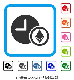 Ethereum Credit Clock icon. Flat gray iconic symbol in a light blue rounded rectangular frame. Black, gray, green, blue, red, orange color versions of Ethereum Credit Clock vector.