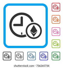 Ethereum Credit Clock icon. Flat grey pictogram symbol inside a light blue rounded rectangular frame. Black, gray, green, blue, red, orange color variants of Ethereum Credit Clock vector.