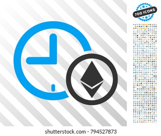 Ethereum Credit Clock pictograph with 7 hundred bonus bitcoin mining and blockchain pictures. Vector illustration style is flat iconic symbols design for crypto-currency software.