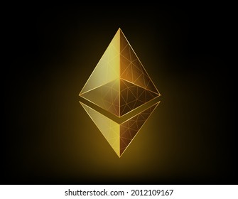 Signo de divisa Ethereum cripto. Modelación dorada de marco de alambre de bajo polilla sobre fondo negro.