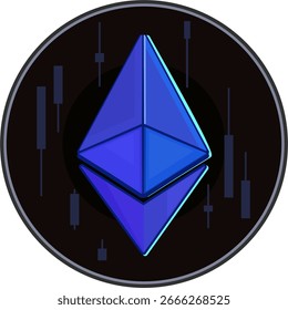 Ethereum, una criptomoneda con contratos inteligentes. Logotipo de Ethereum en una moneda negra con candelabros