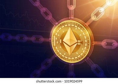 Ethereum. Crypto currency. Block chain. 3D isometric Physical Ethereum coin with wireframe chain. Blockchain concept. Editable Cryptocurrency template. Stock vector illustration