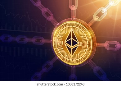 Ethereum. Crypto currency. Block chain. 3D isometric Physical Ethereum coin with wireframe chain. Blockchain concept. Editable Cryptocurrency template. Stock vector illustration.
