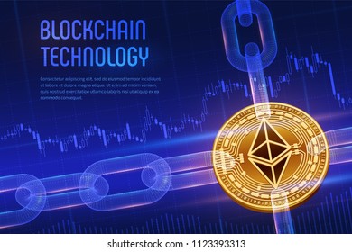 Ethereum. Crypto currency. Block chain. 3D isometric Physical golden Ethereum coin with wireframe chain on blue financial background. Blockchain concept. Editable template. Vector illustration.