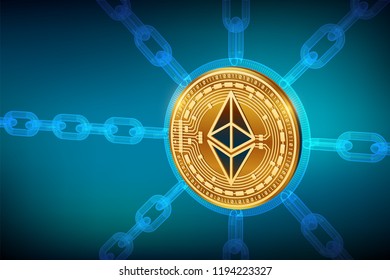 Ethereum. Crypto currency. Block chain. 3D isometric Physical Ethereum coin with wireframe chain. Blockchain concept. Editable Cryptocurrency template. Stock vector illustration.