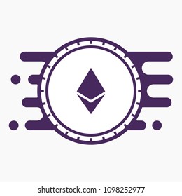 Ethereum Crypto Currency Coin Flat Logo on Abstract Purple and White Background. Blockchain Coin Sticker for Web or Print.
