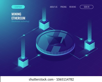 Ethereum crypto currency mining server room, service data center, block chain technology token ultraviolet isometric vector illustration