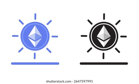 Ethereum crypto currency vector icon with two variations, colored and black and white. Vector illustration in flat design style