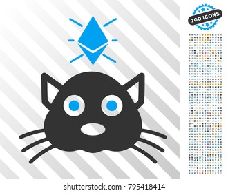 Ethereum Crypto Kitty icon with 7 hundred bonus bitcoin mining and blockchain clip art. Vector illustration style is flat iconic symbols designed for crypto-currency apps.