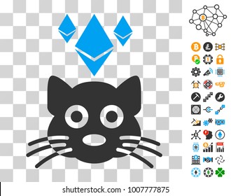 Ethereum Crypto Kitty icon with bonus bitcoin mining and blockchain pictographs. Vector illustration style is flat iconic symbols. Designed for crypto currency websites.