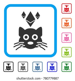 Ethereum Crypto Kitty icon. Flat gray pictogram symbol inside a blue rounded square. Black, gray, green, blue, red, orange color versions of Ethereum Crypto Kitty vector. Designed for web and app UI.