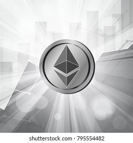 Ethereum cryptocurrency in the bright rays on background with statistics chart