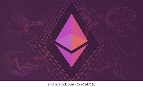 Ethereum cryptocurrency colorful gradient logo on liquid texture background.