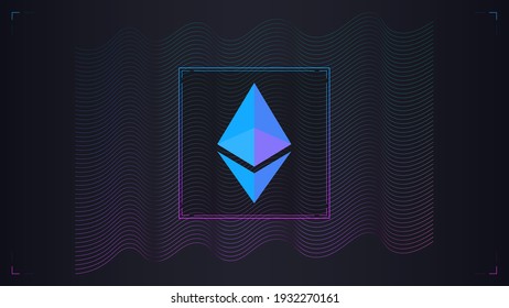 Ethereum cryptocurrency colorful gradient logo on dark background with wavy thin line.