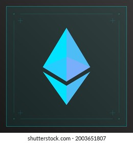 Ethereum cryptocurrency colorful gradient logo with thin line decoration. Isolated on dark background.
