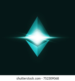 Ethereum cryptocurrency glowing logo. Isolated vector illustration on black background.