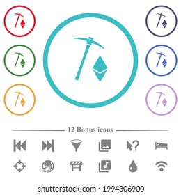 Ethereum cryptocurrency mining flat color icons in circle shape outlines. 12 bonus icons included.
