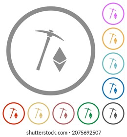 Ethereum cryptocurrency mining flat color icons in round outlines on white background