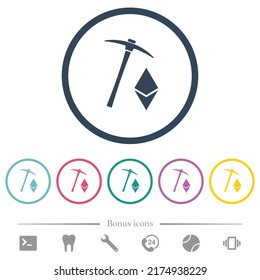 Ethereum cryptocurrency mining flat color icons in round outlines. 6 bonus icons included.