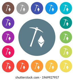 Ethereum cryptocurrency mining flat white icons on round color backgrounds. 17 background color variations are included.