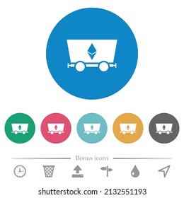 Ethereum cryptocurrency mining flat white icons on round color backgrounds. 6 bonus icons included.
