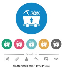 Ethereum cryptocurrency mining with treasure flat white icons on round color backgrounds. 6 bonus icons included.