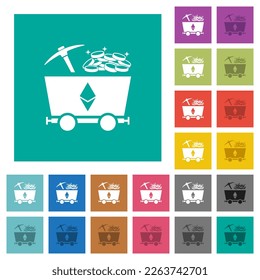 Ethereum cryptocurrency mining with treasure multi colored flat icons on plain square backgrounds. Included white and darker icon variations for hover or active effects.