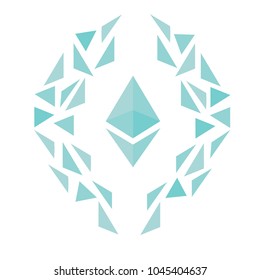 Ethereum cryptocurrency symbol surrounded by pieces of the symbol to represent blockchain technology.  Transparent background in vector file.