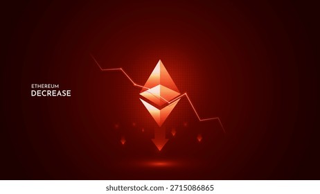 Caída del Precio de valor de criptomonedas de Ethereum. Precio de Ethereum abajo ilustración de un mercado bajista con velas de comercio rojo brillante y flechas abajo.